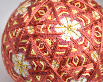 Hand-Embroidered Japanese Temari Ball Folk Art macro view of the colorful stitched thread pattern
