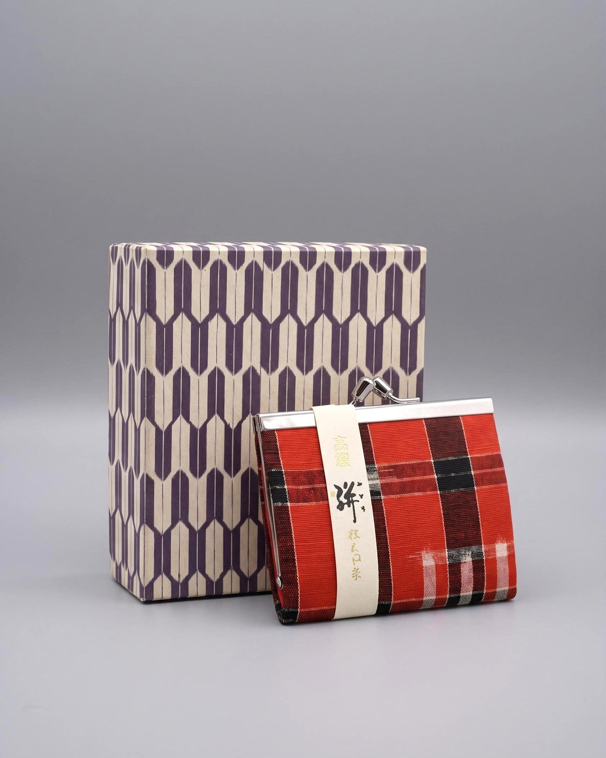 Kasuri Fabric Gama-Guchi Wallet Red Geometric Pattern coin purse with presentation box