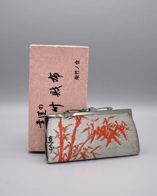 Nishijin-Ori Cinnabar Bamboo Coin Purse vintage Japanese brocade kiss-lock clutch wallet in storage box