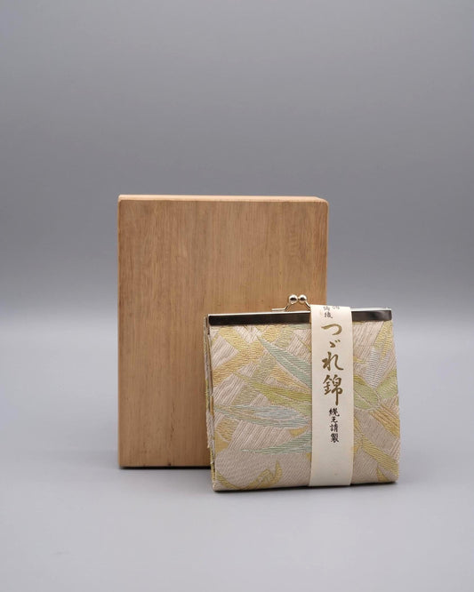 Nishijin-Ori bamboo leaf brocade coin purse gold green with paper label next to original wooden box