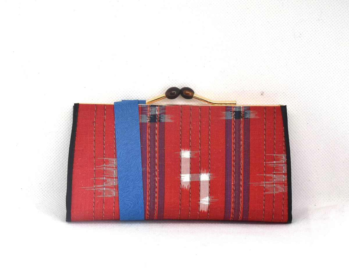 Ryukyu Kasuri Geometric Ikat Silk Wallet Red reverse side showing geometric ikat motifs