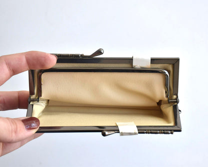Nishijin-Ori Silk Gamaguchi Purse Black Copper Stripe open view showing dual compartments