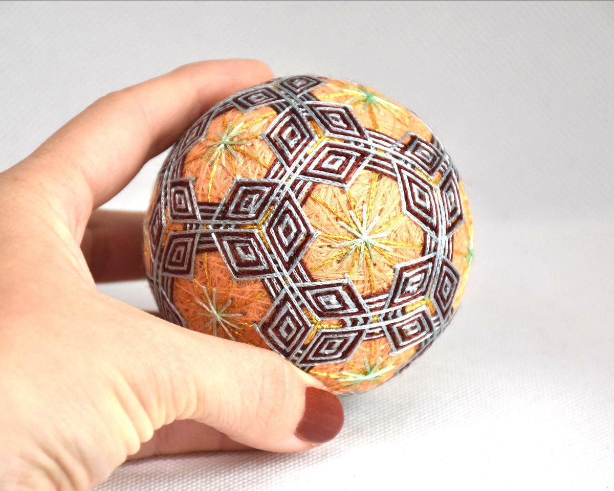 Hand-Embroidered Japanese Temari Folk Art Ball size next to a hand