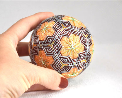 Hand-Embroidered Japanese Temari Folk Art Ball size next to a hand