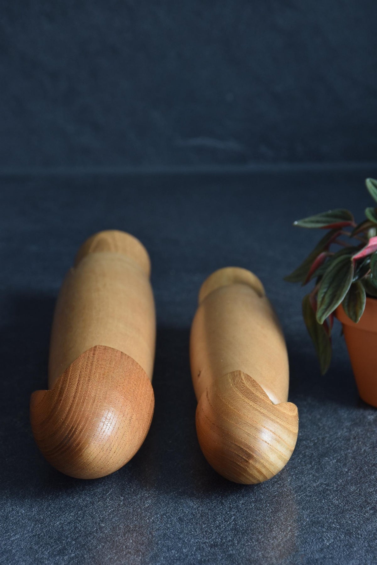 Shido Shozan kokeshi pair angled view from above