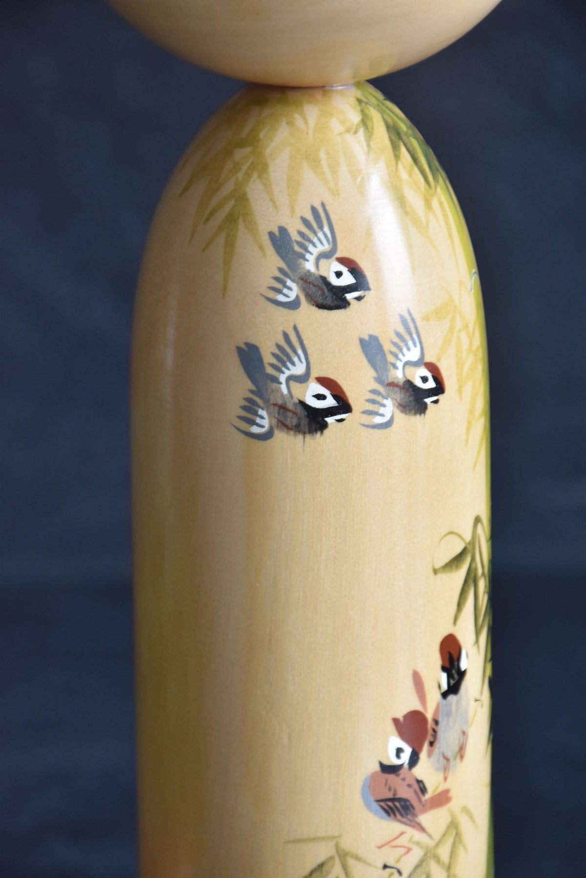 Japanese kokeshi dolls bamboo and floral motif upper body featuring flying birds and bamboo stalks
