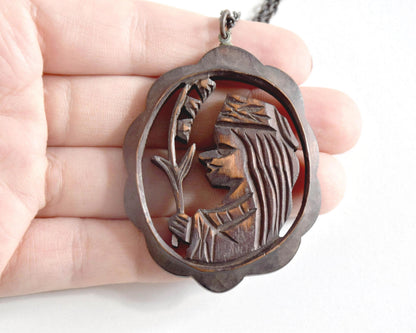 Ainu Handcarved Wooden Figure Pendant Necklace handcrafted in Hokkaido Japan