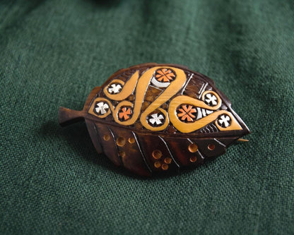 Ainu Leaf Brooch Moreu Floral Carving Wood handcrafted in Hokkaido Japan