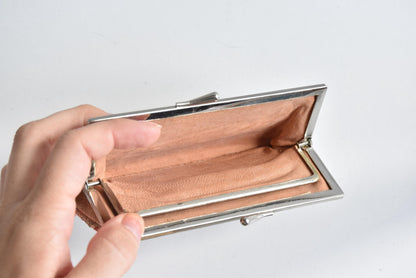 Hakata-Ori Saga Nishiki Geometric Silk Clasp Purse interior view showing the lining and compartments