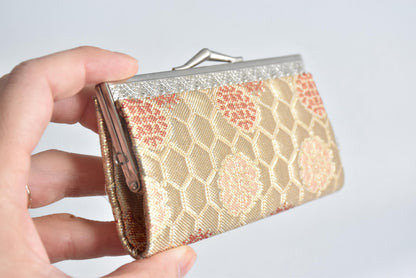 Hakata-Ori Saga Nishiki Geometric Silk Clasp Purse vintage Japanese coin purse held in hand