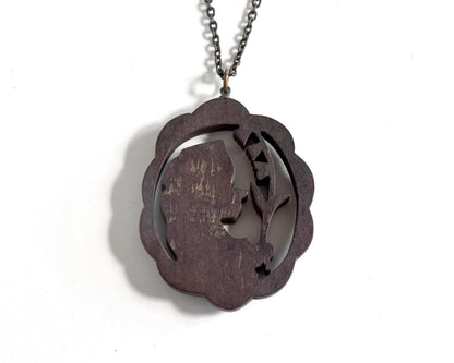 Ainu wooden pendant necklace reverse view showing the full chain and pendant