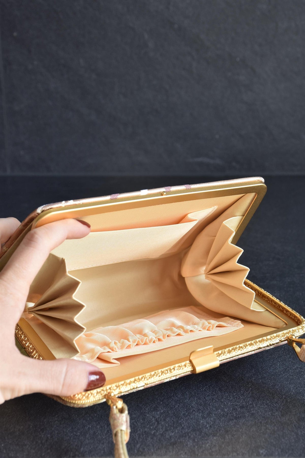 Gold And Champagne Obi Brocade Kimono Bag With Fan Motif open interior detail