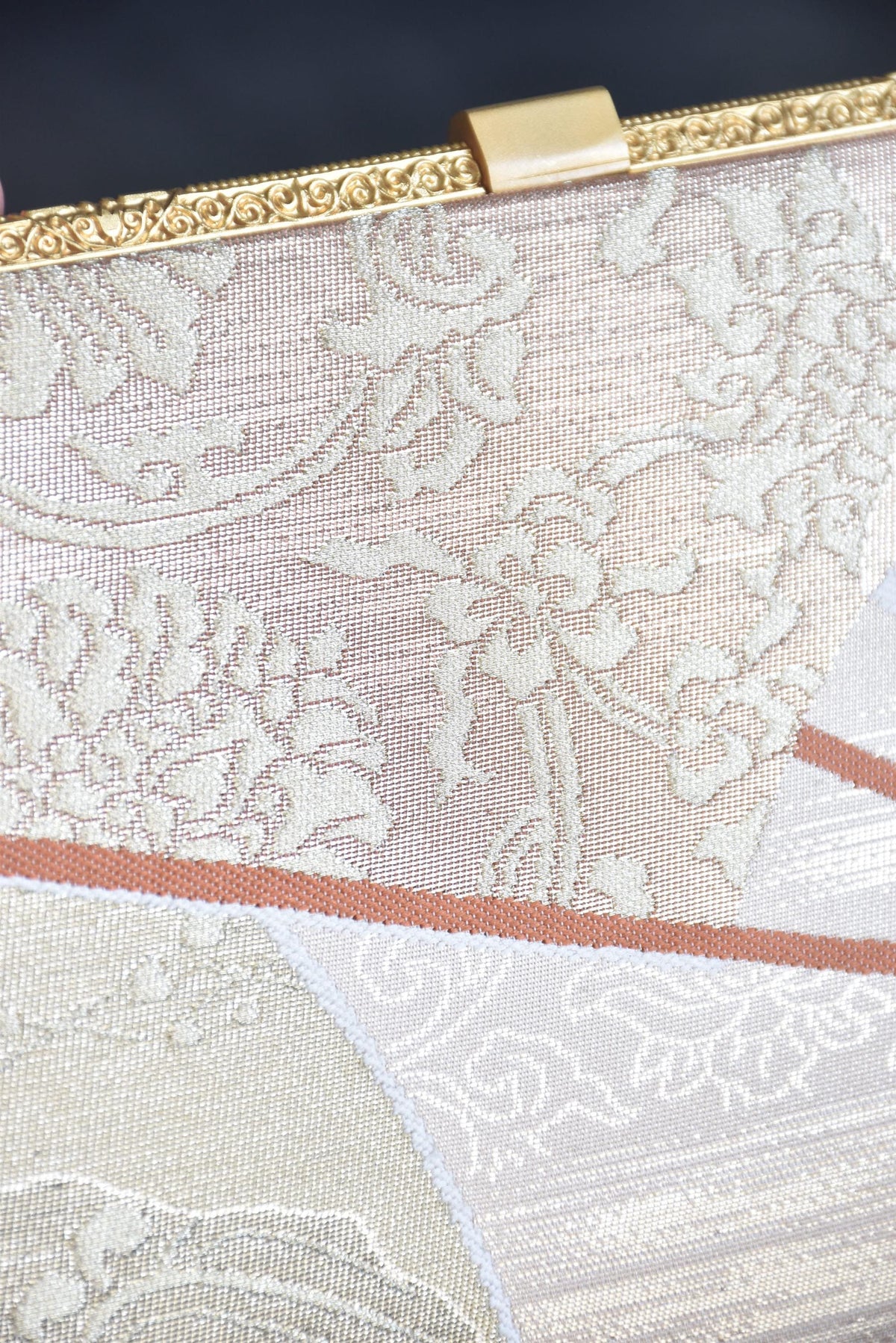 Gold And Champagne Obi Brocade Kimono Bag With Fan Motif brocade texture detail