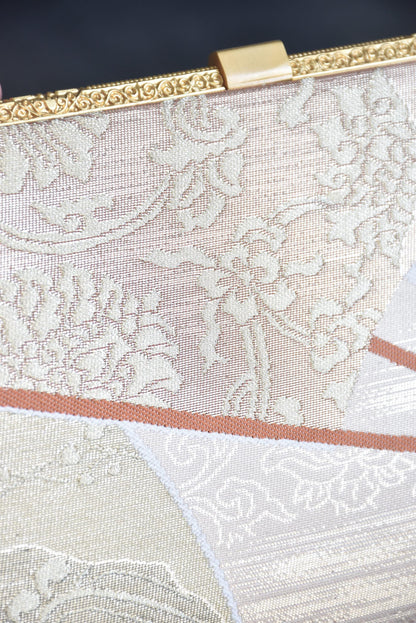 Gold And Champagne Obi Brocade Kimono Bag With Fan Motif brocade texture detail
