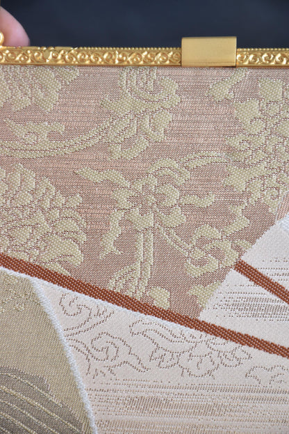 Gold And Champagne Obi Brocade Kimono Bag With Fan Motif floral pattern detail