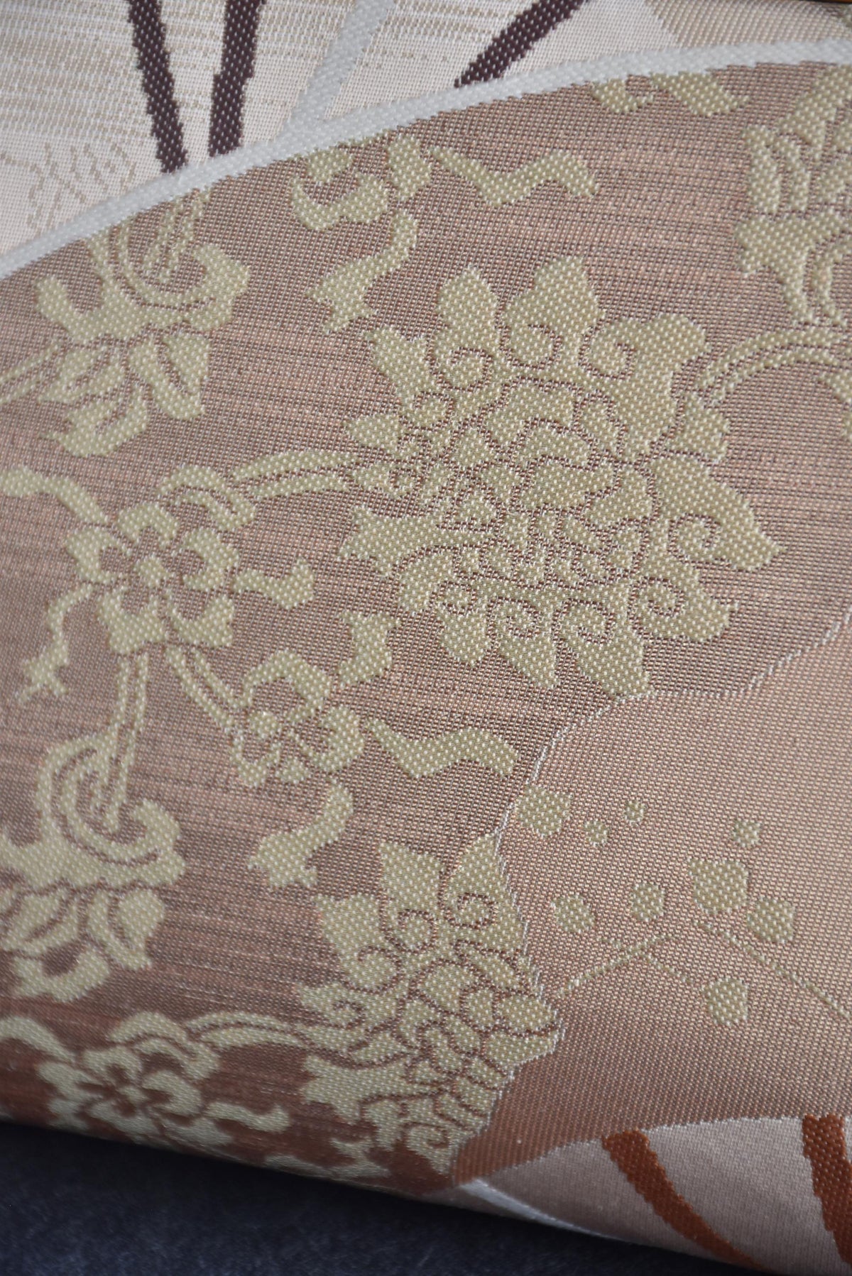 Gold And Champagne Obi Brocade Kimono Bag With Fan Motif close-up pattern detail