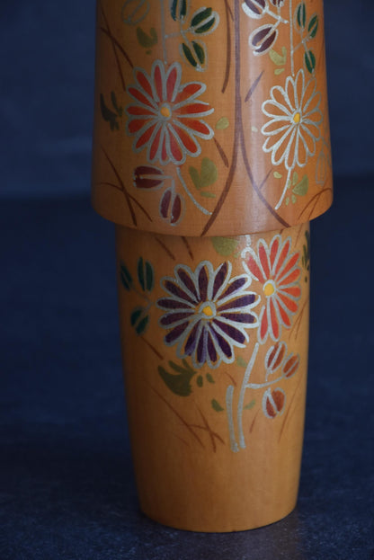 Sato Suigai Kiku No Omoi kokeshi doll lower body featuring layered kimono patterns