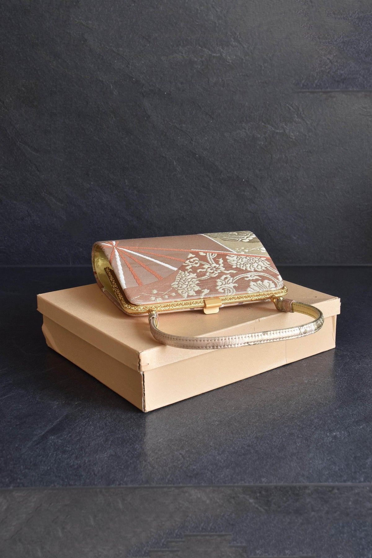 Gold And Champagne Obi Brocade Kimono Bag With Fan Motif with original storage box