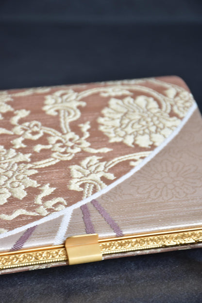 Gold And Champagne Obi Brocade Kimono Bag With Fan Motif clasp and frame detail