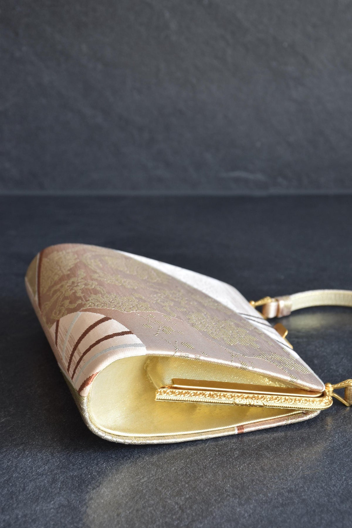 Gold And Champagne Obi Brocade Kimono Bag With Fan Motif side view