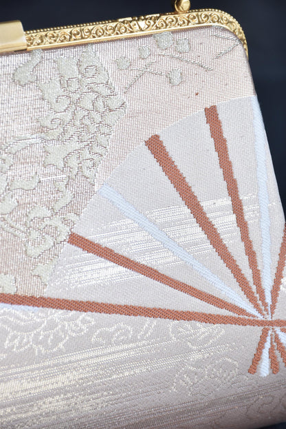 Gold And Champagne Obi Brocade Kimono Bag With Fan Motif folding fan motif close up