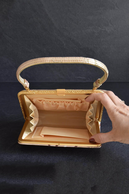 Gold And Champagne Obi Brocade Kimono Bag With Fan Motif inside interior view