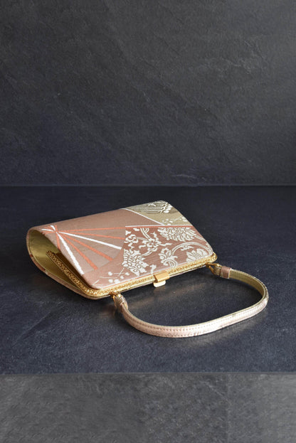 Gold And Champagne Obi Brocade Kimono Bag With Fan Motif lying flat on surface