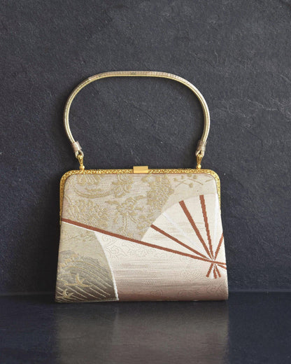 Gold And Champagne Obi Brocade Kimono Bag With Fan Motif front view