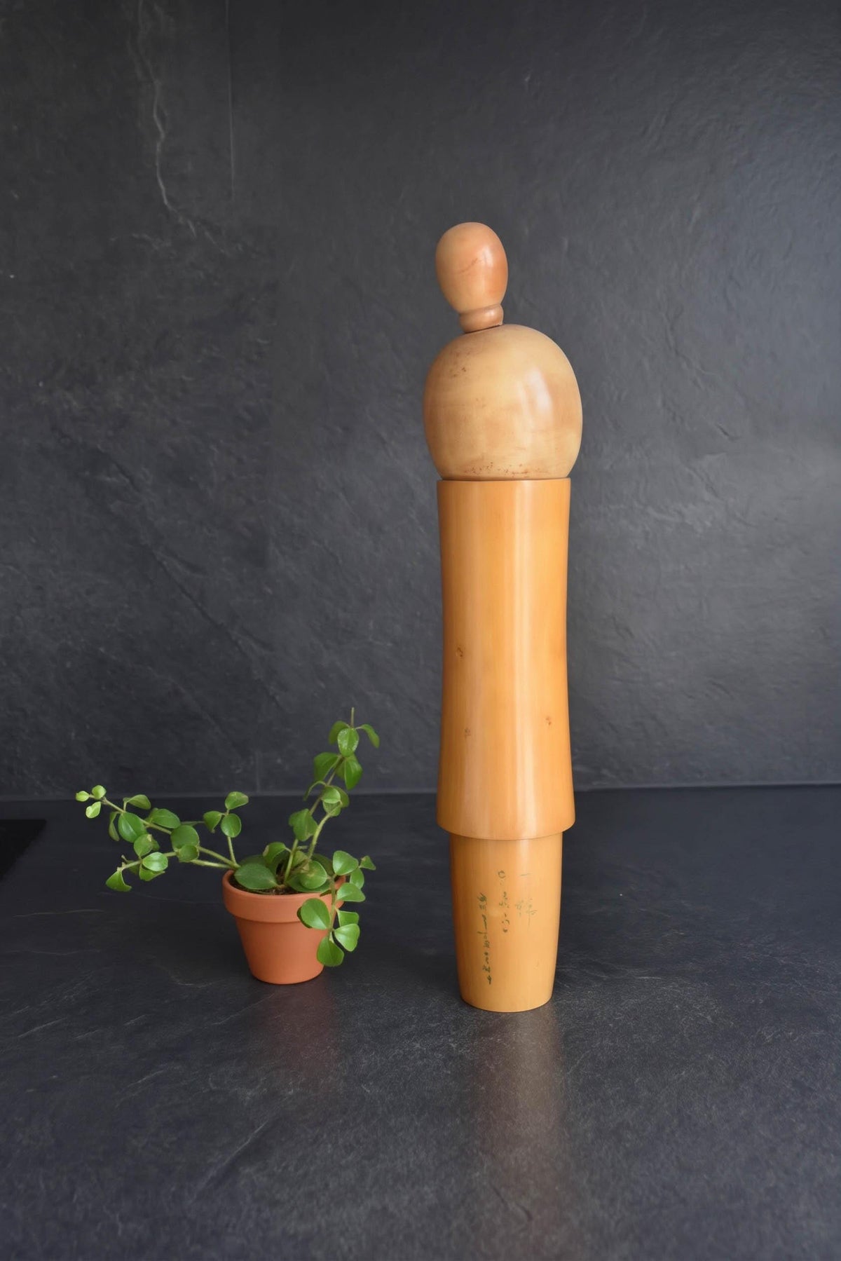 Sato Suigai Kiku No Omoi kokeshi doll viewed from the back showing natural wood texture
