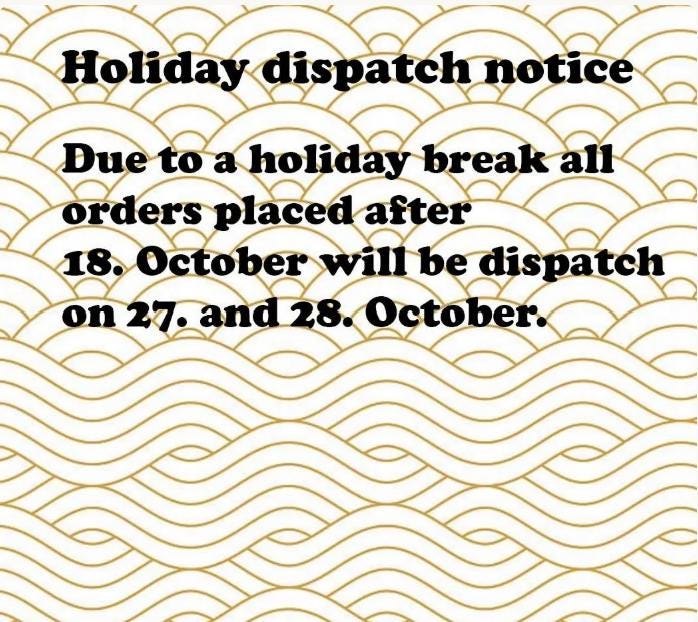 Kozaru shop holiday shipping notice with text about dispatch dates on patterned background