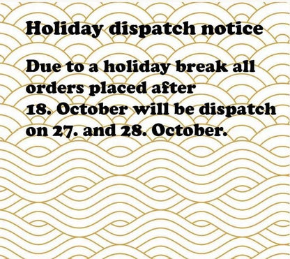 Kozaru shop holiday shipping notice with text about dispatch dates on patterned background
