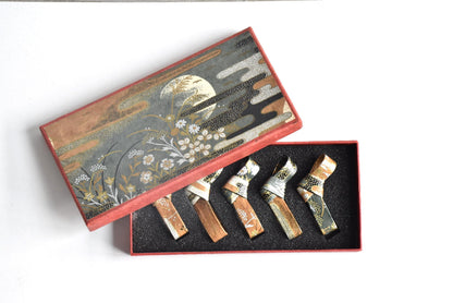Japanese Washi Paper Chopstick Rests Red Kimono five hashioki arranged neatly inside the gift box
