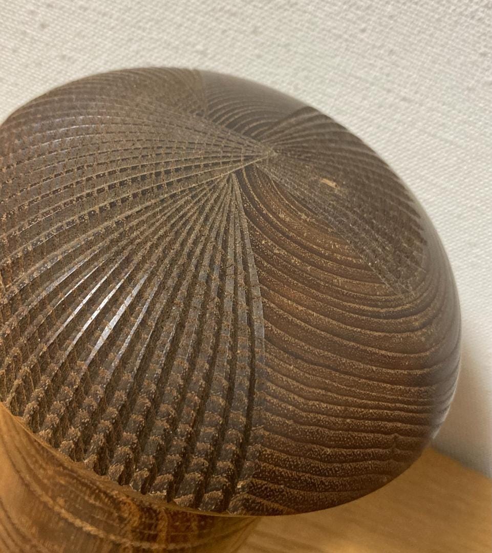 Kenichi Murakami kokeshi close-up of carved hair texture from above