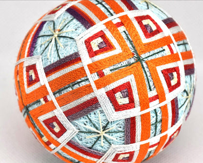Japanese Temari ball pattern detail showing colorful threads and traditional embroidery stitches
