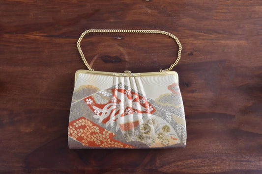 Phoenix And Cherry Blossom Brocade Clutch Red Gold vintage Japanese woven bag with chain strap