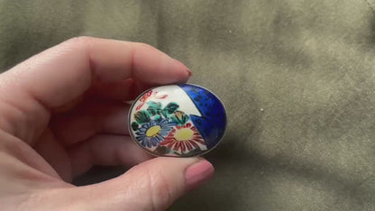 Kutani Floral Ceramic Brooch