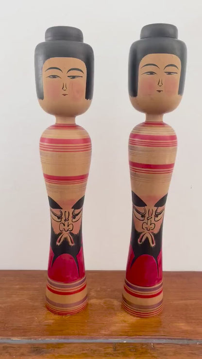 Zenji Sato Tsugaru Kokeshi Pair With Daruma Motif